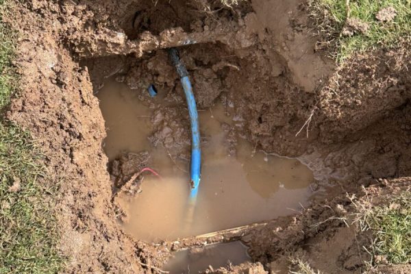 A broken blue pipe leaks water into a muddy hole next to a curb, with tools and wet soil visible around it.