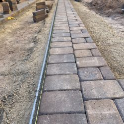 A row of brick pavers is being installed along a dirt path, with workers in the background and a yellow guide line in place.