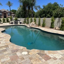 Backyard swimming pool with stone tile deck, surrounded by trees and a privacy wall under a clear blue sky.