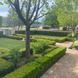 A brick pathway winds through a neatly trimmed garden with hedges, trees, grass, and a small flower bed.