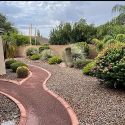 Curved red pathway in a desert-style garden with gravel, cacti, and green shrubs under a cloudy sky.